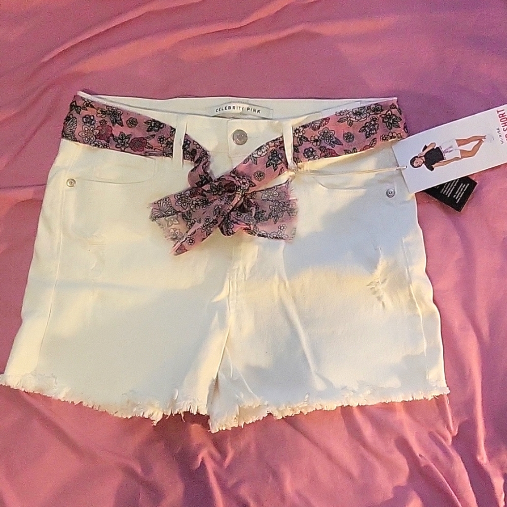 Celebrity Pink High Rise White Denim Shorts W Removable Scarf Belt Size 5 / 27